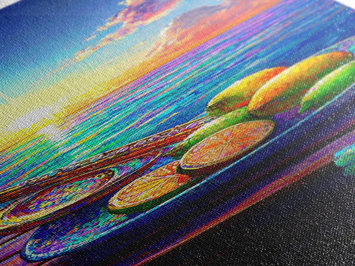 Ocean Sunset With Limes And Oar Framed Canvas Print, Coastal Kitchen Wall Art, Beach House Decor, Vibrant Seascape Art Print