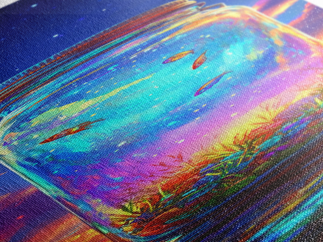 Glowing Mason Jar With Tiny Fish At Sunset Canvas Print, Magical Celestial Wall Art, Colorful Nature Decor, Unique Art Gift