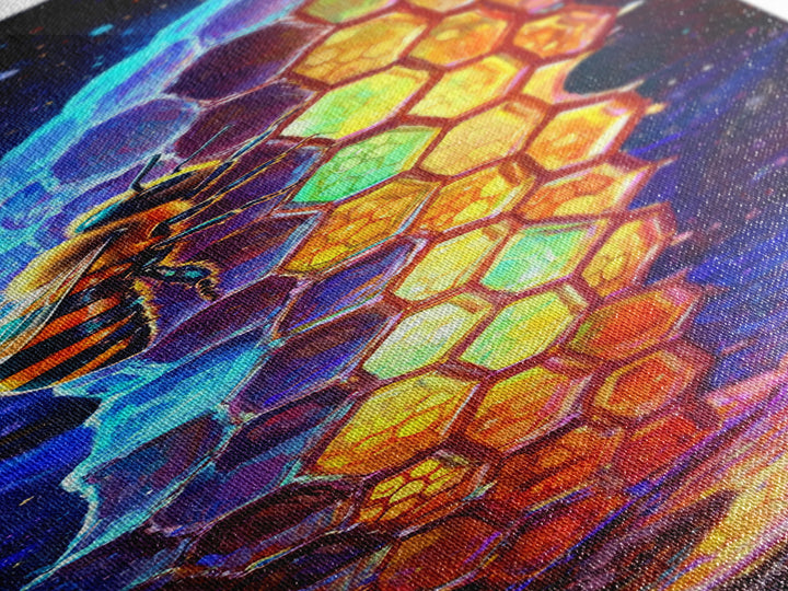 Glowing Honeycomb And Bee In Crystal Cave Framed Canvas Print, Animal Wall Art, Nature Inspired Art, Whimsical Decor Gift