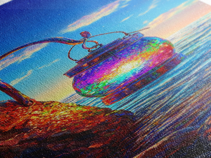 Hanging Rainbow Lantern Canvas Print, Coastal Wall Art, Ocean Sunset Painting, Nautical Decor, Beach House Living Room Art