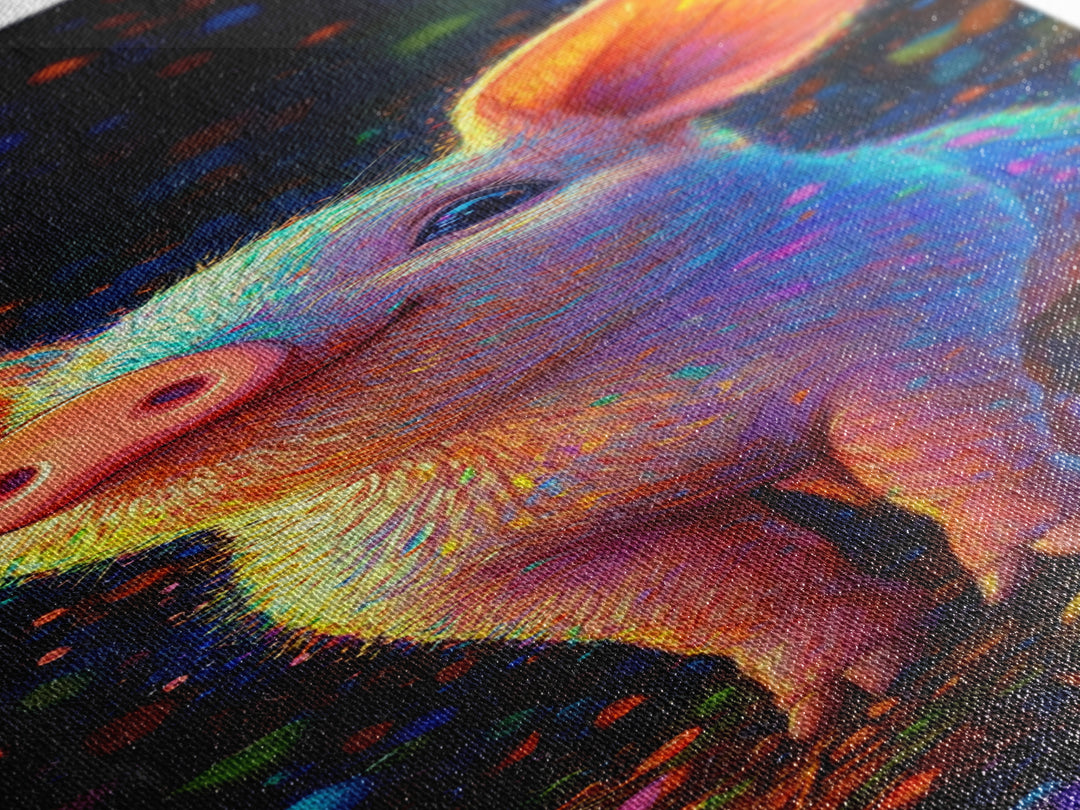 Neon Rainbow Piglet Canvas Print, Cute Animal Wall Art, Whimsical Nursery Decor, Farm Animal Art, Kids Room Decor Gift For Animal Lovers