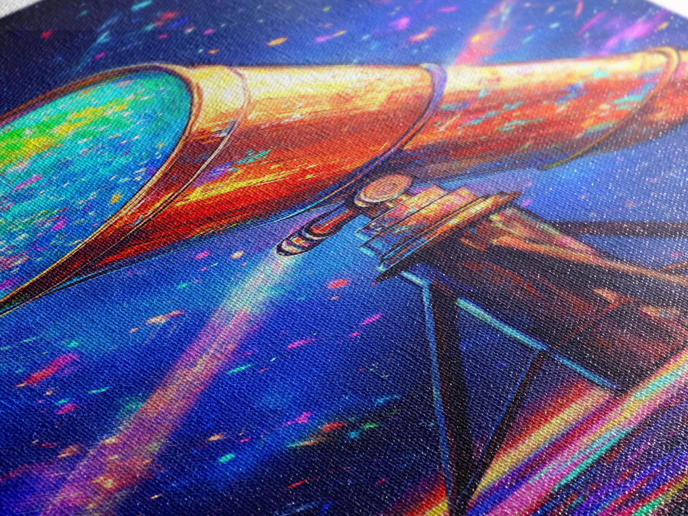 Rainbow Telescope Pointed At Starry Sky Wall Art, Space Canvas Print, Astronomy Decor, Celestial Office Art, Gift For Him