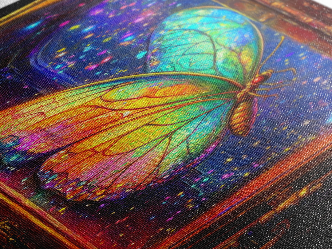 Glowing Rainbow Butterfly In Glass Case Wall Art, Celestial Fantasy Art Print, Whimsical Wall Decor, Unique Gift For Bedroom Decor