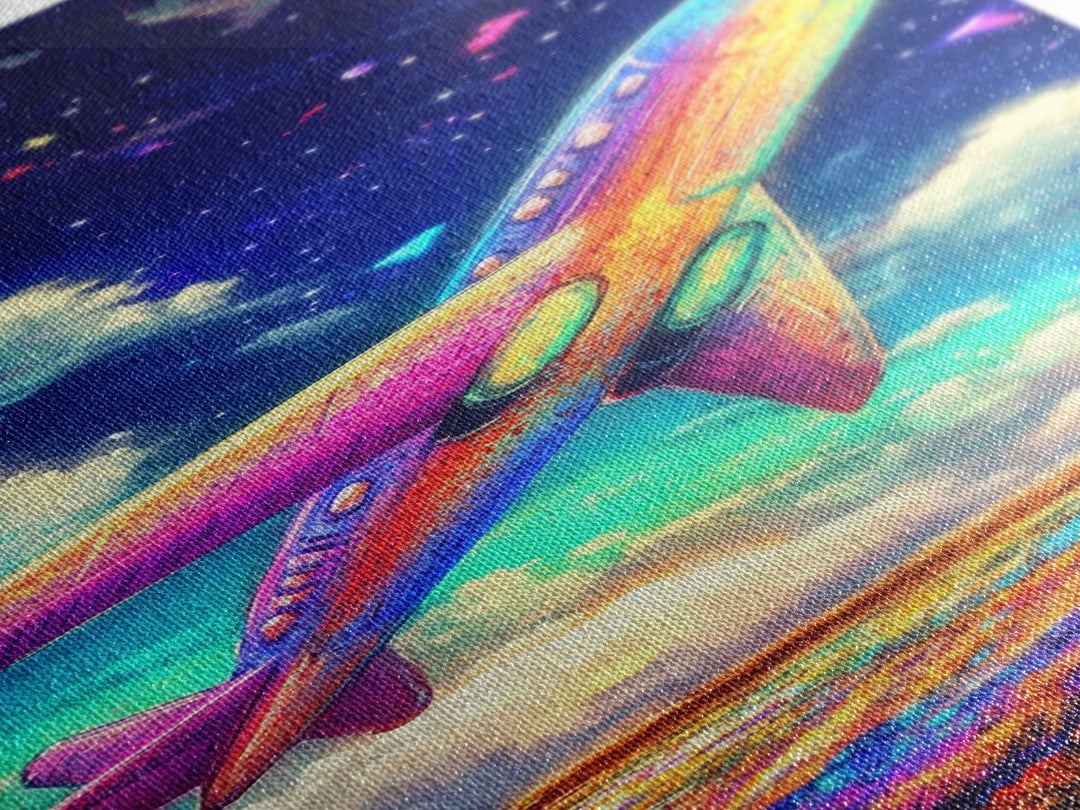 Rainbow Jet Flying Through Starry Clouds Canvas Print, Space Wall Art, Aviation Wall Decor, Kids Room Decor, Gift For Travelers