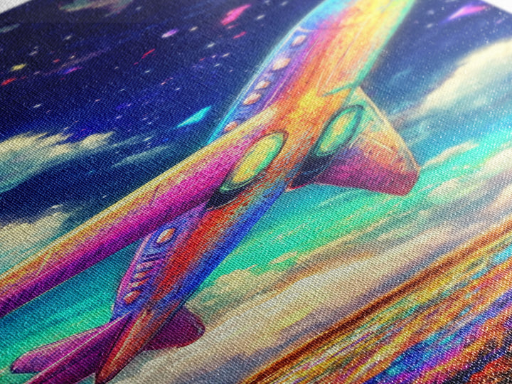 Rainbow Jet Flying Through Starry Clouds Canvas Print, Space Wall Art, Aviation Wall Decor, Kids Room Decor, Gift For Travelers
