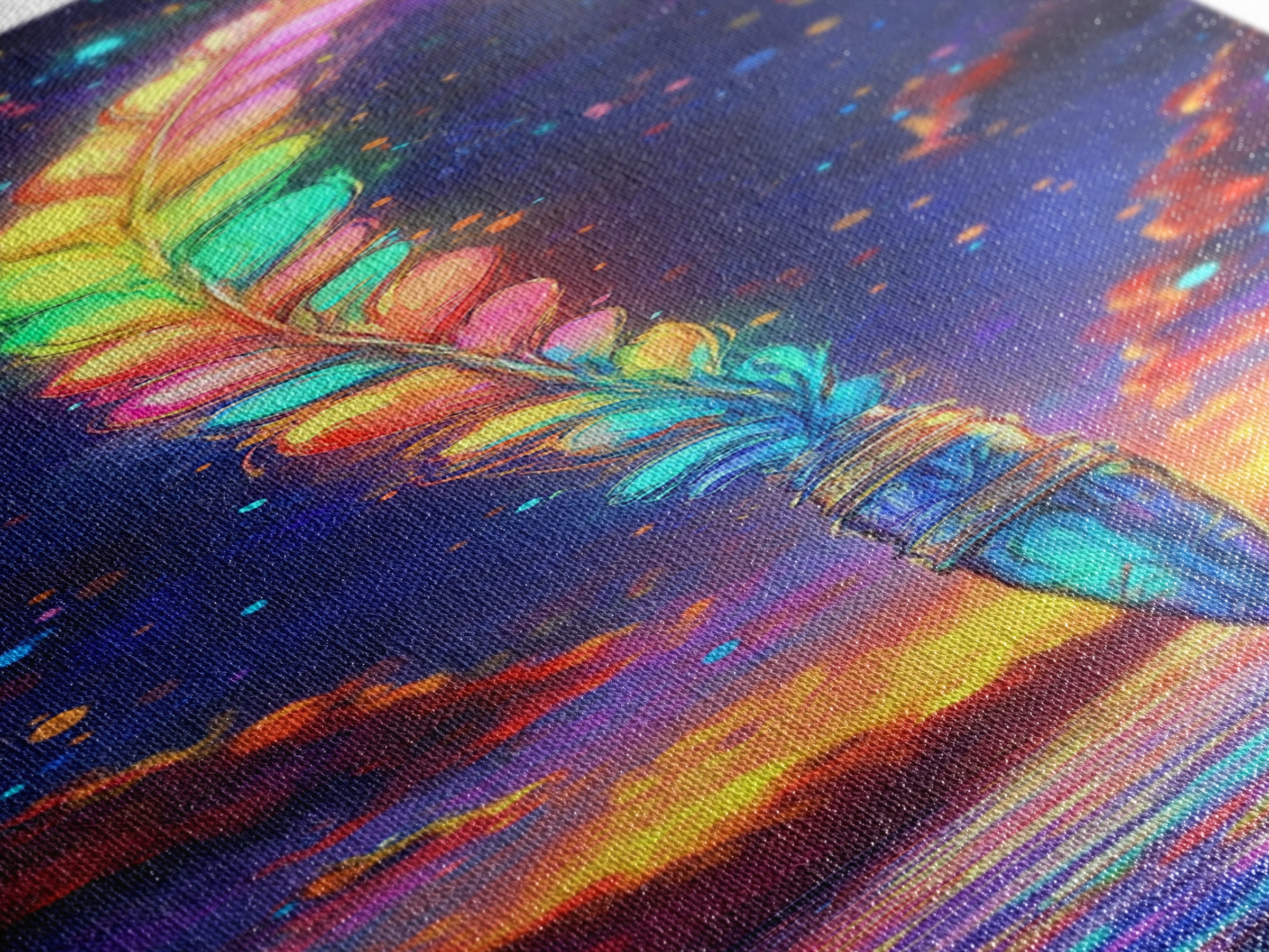 Rainbow Feather Quill Canvas Print, Celestial Wall Art, Whimsical Ocean Decor, Fantasy Writing Gift, Colorful Office Art