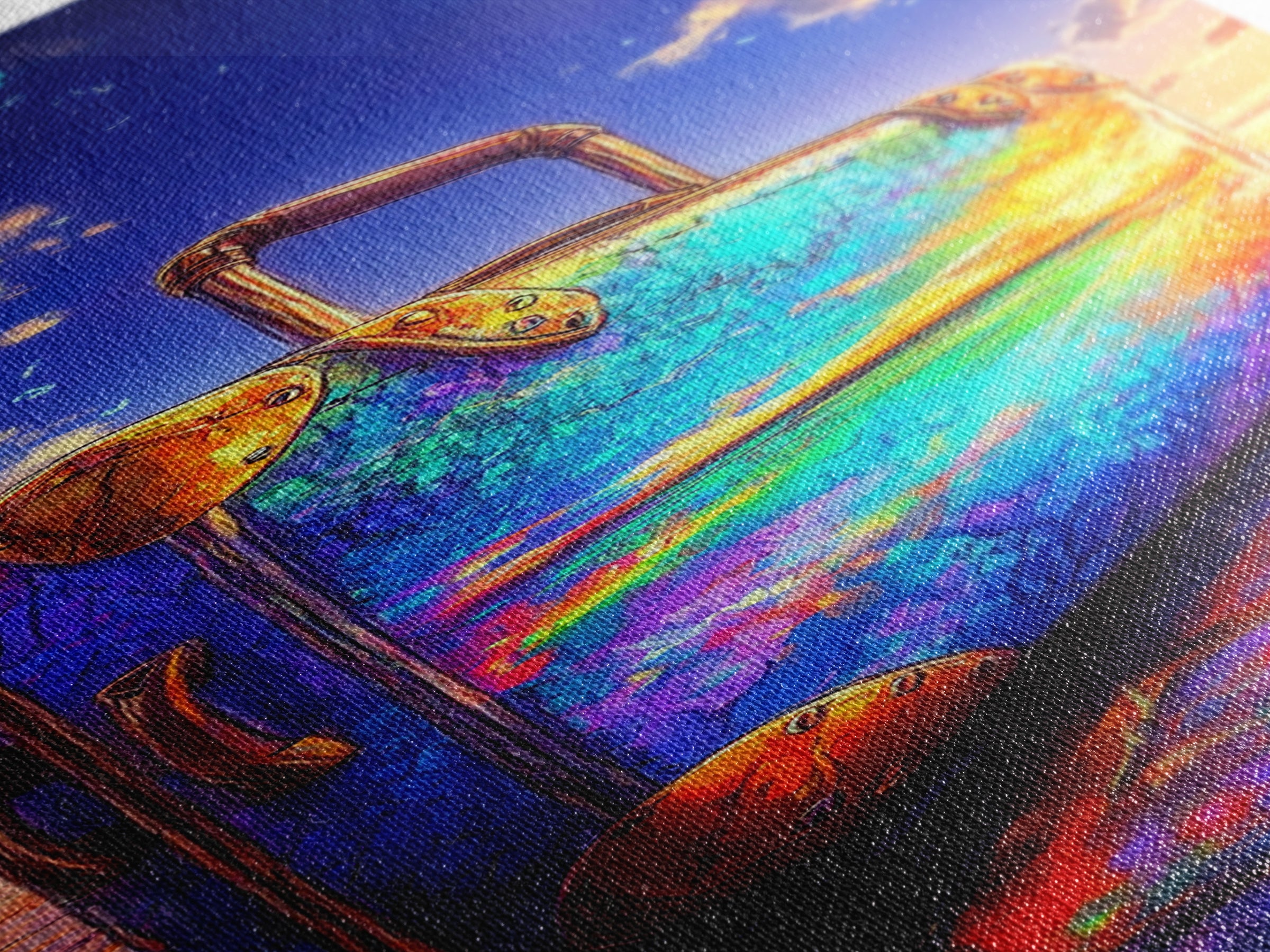 Rainbow Suitcase Reflecting Ocean Sunset Framed Canvas Print, Vibrant Travel Poster, Coastal Wall Decor For Wanderlust Gift