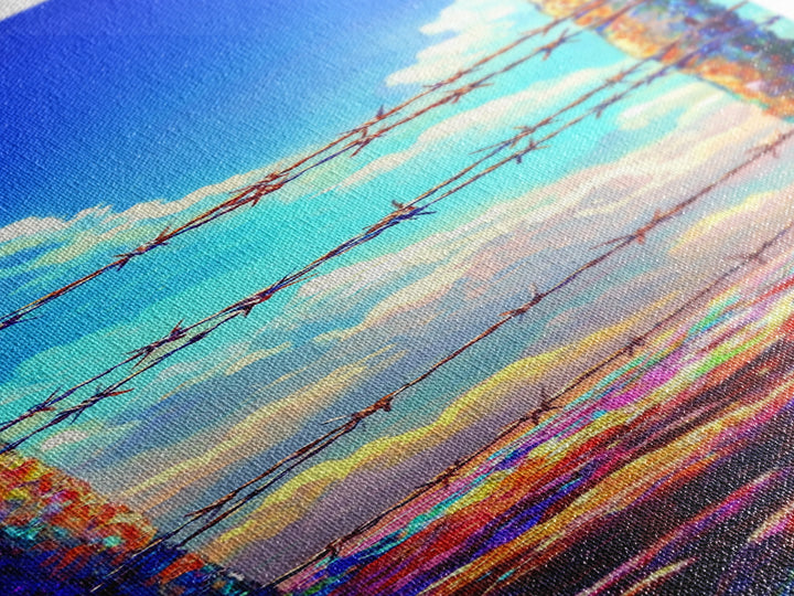 Sunlit Barbed Wire Fence Under Blue Sky Wall Art, Rustic Western Canvas Print, Farmhouse Landscape Decor Housewarming Gift