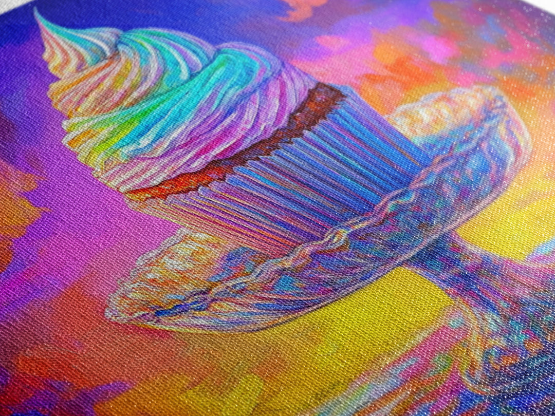 Rainbow Cupcake On Glass Stand Canvas Print, Whimsical Bakery Wall Art, Dessert Art, Kitchen Decor, Birthday Gift For Her