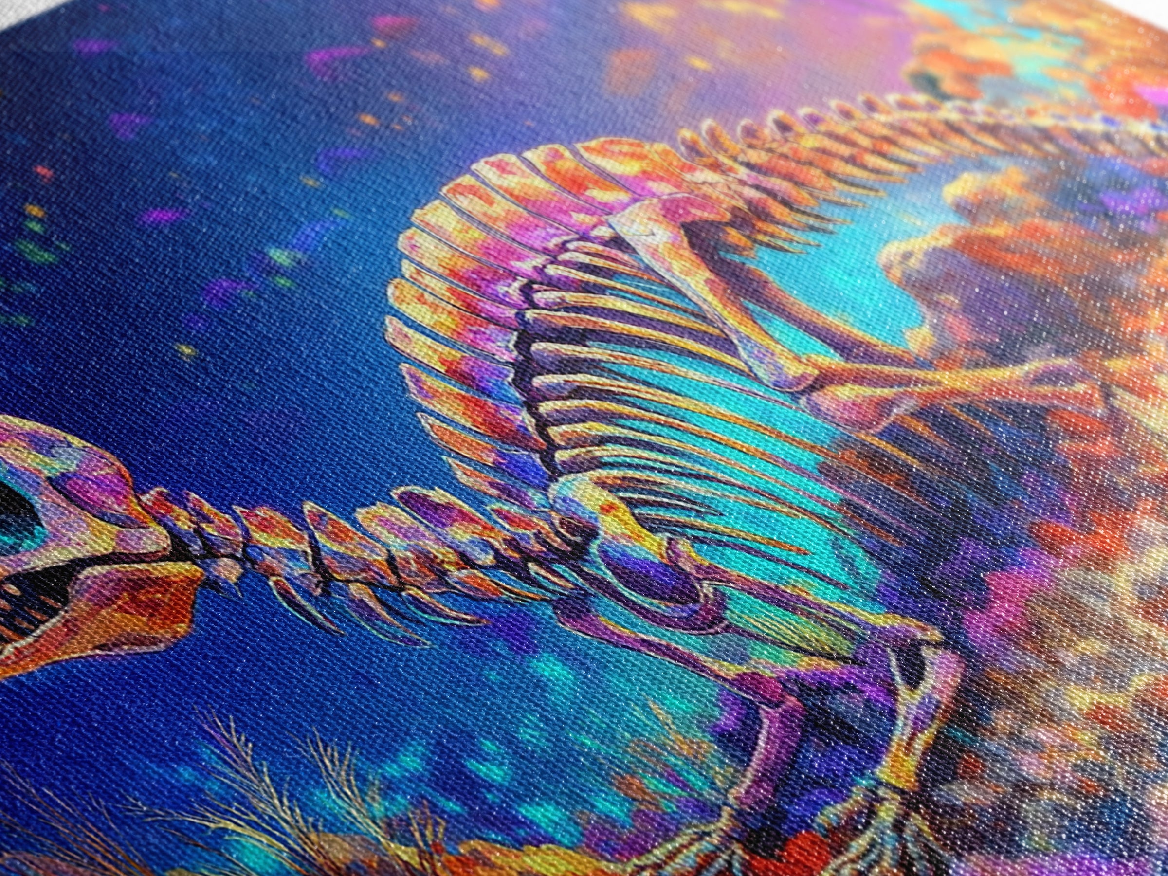 Colorful Dinosaur Skeleton Wall Art, Cosmic Fossil Fantasy Painting, Vibrant Science Decor, Kids Room Canvas Print, Dinosaur Gift