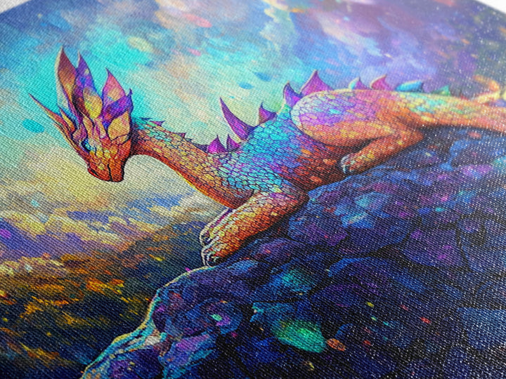 Rainbow Dragon Resting On Stone Wall Art, Whimsical Fantasy Creature Painting, Colorful Nursery Decor, Framed Canvas Print