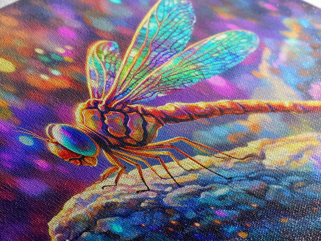 Iridescent Dragonfly On Pebble Wall Art, Colorful Nature Painting, Whimsical Insect Decor, Modern Framed Canvas Print Gift