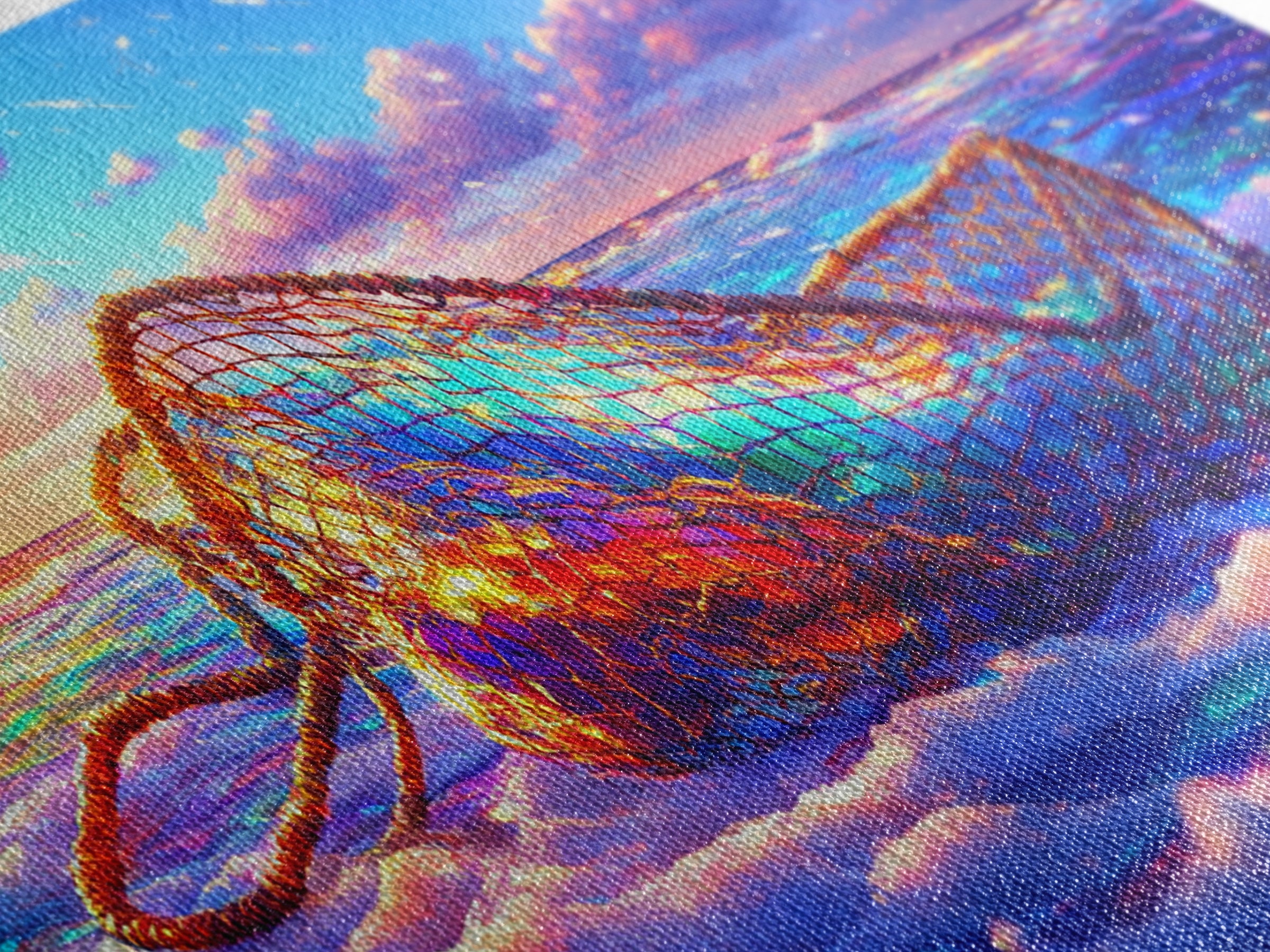 Iridescent Fishing Net On Sunset Beach Wall Art, Coastal Ocean Canvas Print, Nautical Decor, Beach House Living Room Art