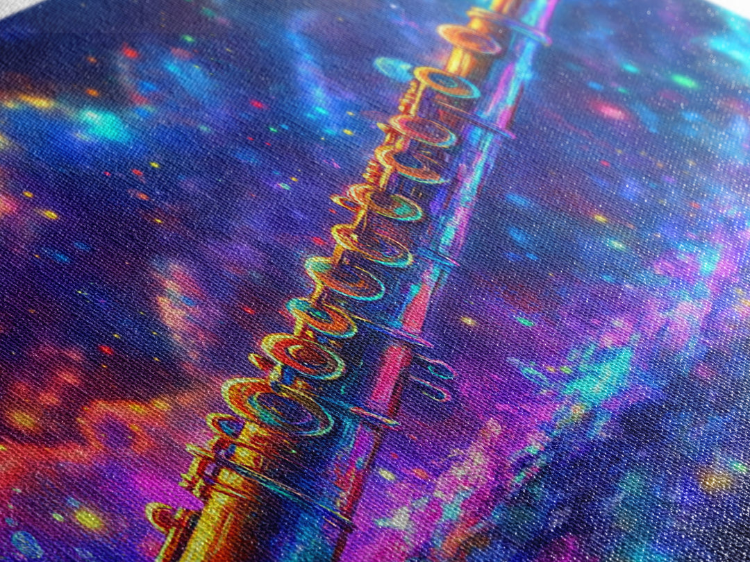 Golden Flute Floating In Cosmic Galaxy Wall Art, Music Studio Canvas Print, Celestial Space Decor, Gift For Music Lover, Home Decor