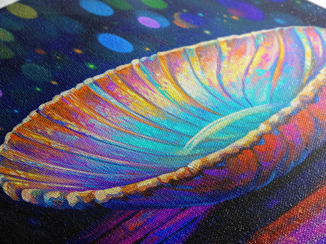 Iridescent Seashell Dish On Wooden Table Canvas Print, Coastal Wall Art, Ocean Decor, Nautical Home Decor, Beach House Gift