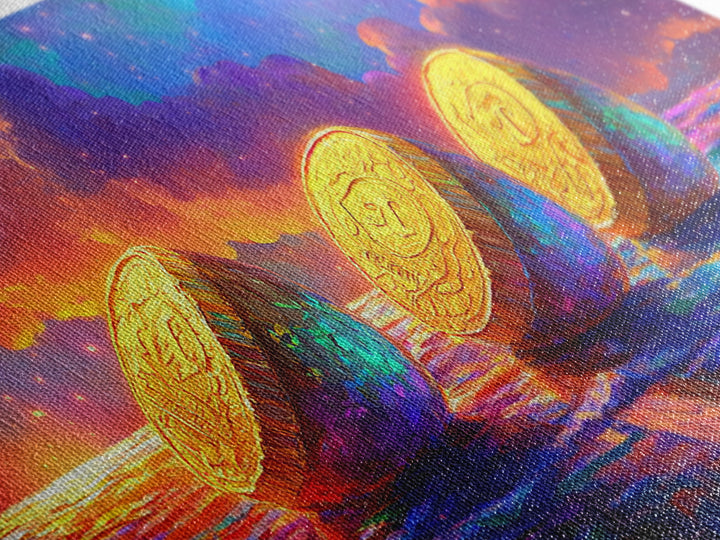Golden Coins On Reflective Ocean Canvas Print, Abstract Seascape, Coastal Wall Art, Sunset Painting, Statement Artwork, Decor