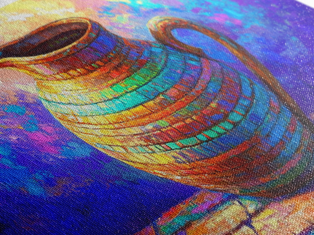 Colorful Mosaic Ceramic Pitcher Still Life Wall Art, Mediterranean Kitchen Decor, Vibrant Canvas Print, Housewarming Gift