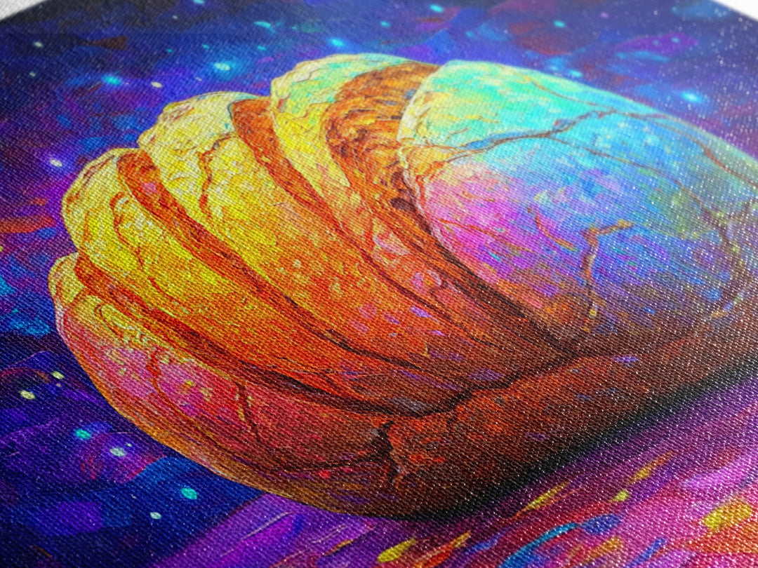 Glowing Croissant Pastry Under Starry Sky Canvas Print, Bakery Wall Art, Kitchen Decor, French Patisserie Gift For Foodie