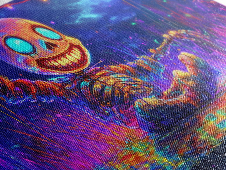 Neon Skeleton Doll In Moonlit Marsh Canvas Print, Halloween Wall Art, Gothic Decor, Whimsical Art, Spooky Kids Room Decor