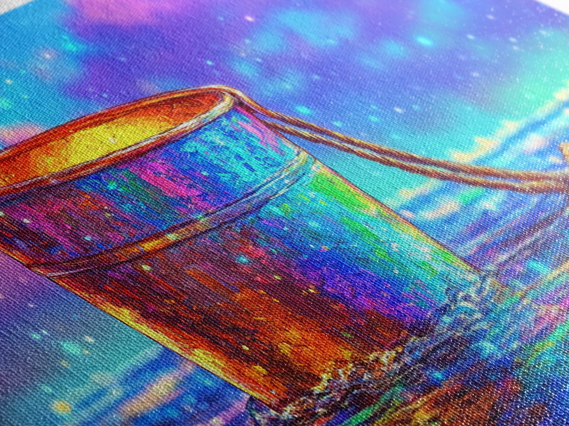 Rainbow Rusty Bucket Floating On Ocean Waves Canvas Print, Colorful Coastal Wall Art, Beach House Decor, Surreal Seascape