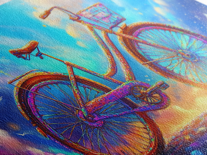 Rainbow Cruiser Bicycle Under Dreamy Clouds Canvas Print, Whimsical Wall Art, Kids Room Decor, Colorful Nursery Art Gift