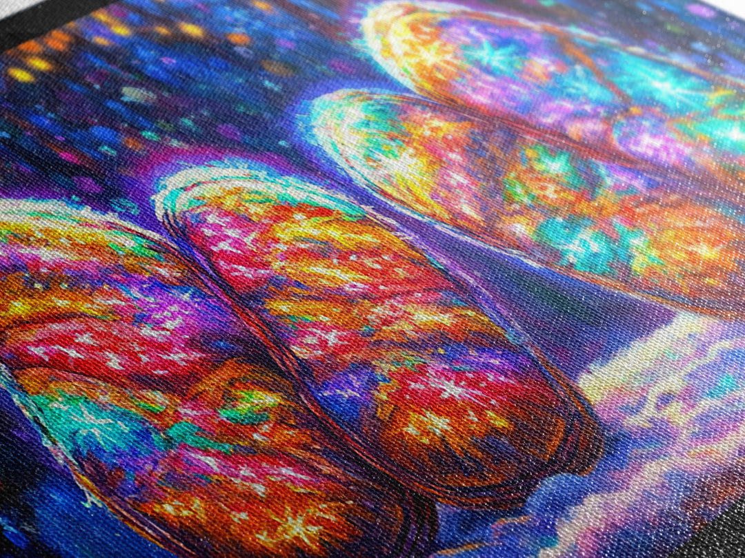 Glowing Rainbow River Stones Under Fairy Lights Canvas Print, Whimsical Wall Art, Dopamine Decor, Colorful Abstract Art Print