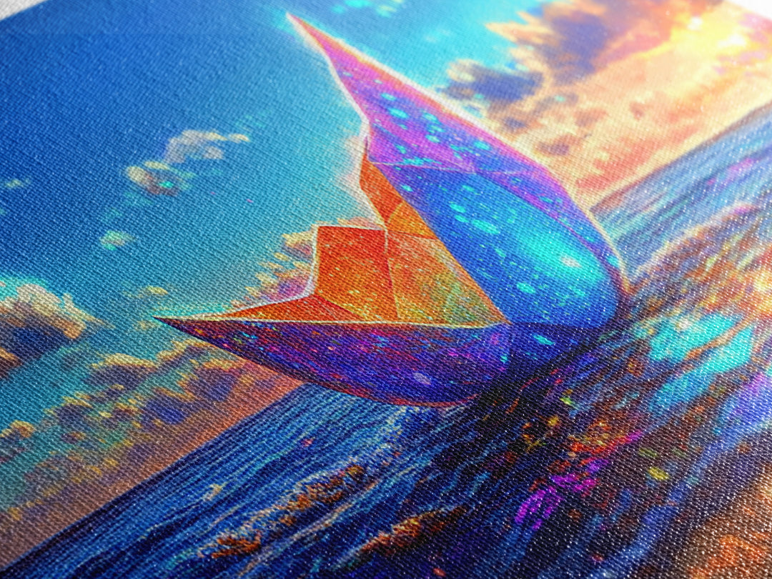 Glowing Origami Paper Boat At Sunset Canvas Print, Coastal Wall Art, Ocean Wall Art, Beach House Decor, Modern Seascape Art