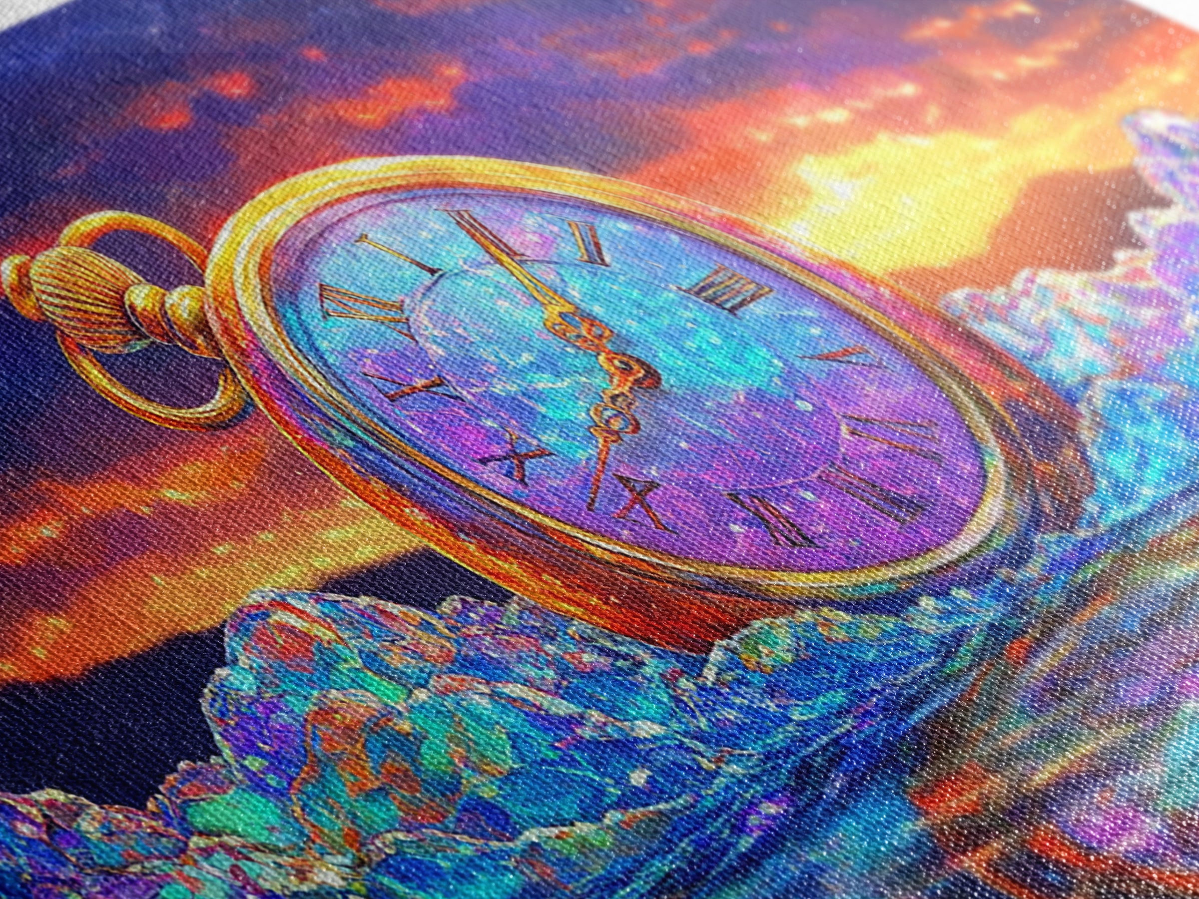 Golden Pocket Watch In Icy Sea Framed Canvas Print, Surreal Wall Art, Steampunk Decor, Time Traveler Fantasy Art Home Decor Gift