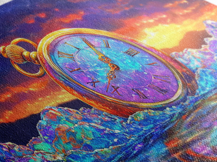 Golden Pocket Watch In Icy Sea Framed Canvas Print, Surreal Wall Art, Steampunk Decor, Time Traveler Fantasy Art Home Decor Gift