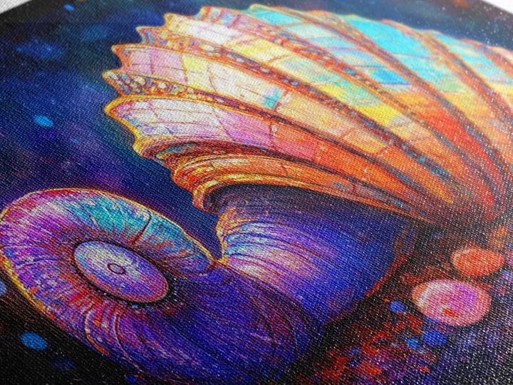 Glowing Spiral Seashell On Pebble Shore Canvas Print, Nautical Coastal Wall Art, Beach House Decor, Ocean Life Art Print