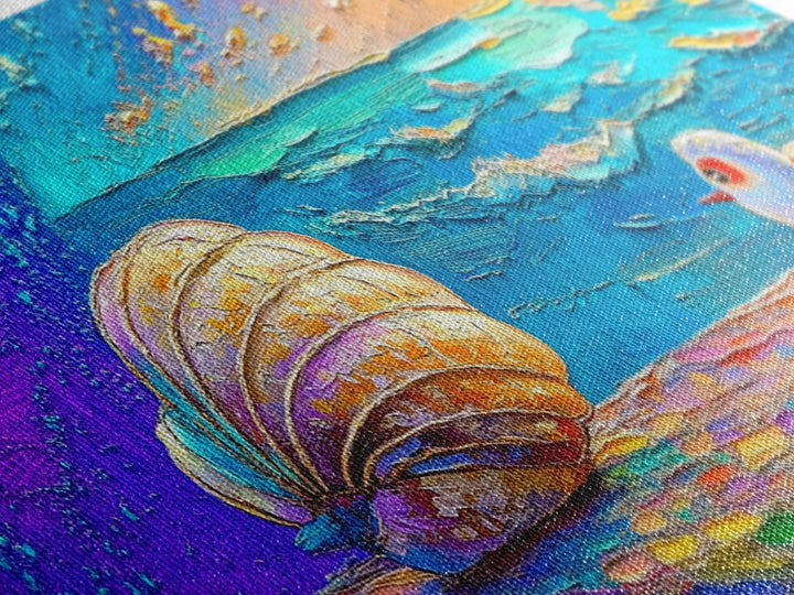 Bright Seashells And Tiny Bird By Turquoise Waves Framed Canvas Print, Coastal Wall Art, Beach House Decor, Ocean Painting