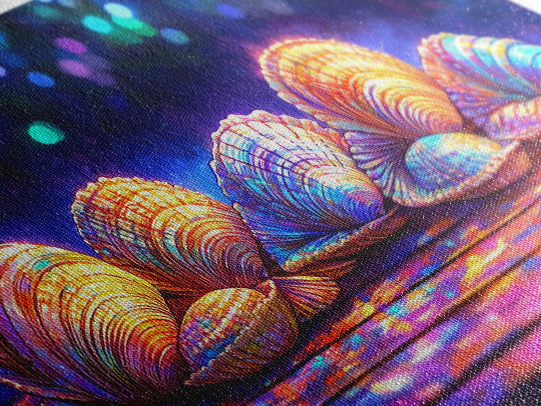 Glowing Clam Shells On Neon Table Canvas Print, Colorful Coastal Wall Art, Beach House Decor, Nautical Gallery Wall Art