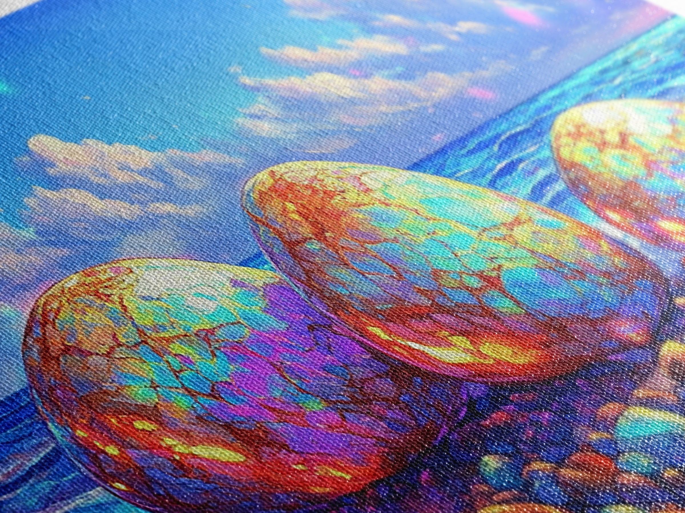 Iridescent Pebbles On Sunny Beach Canvas Print, Coastal Wall Art, Ocean Art Print, Beach House Decor, Colorful Nature Art