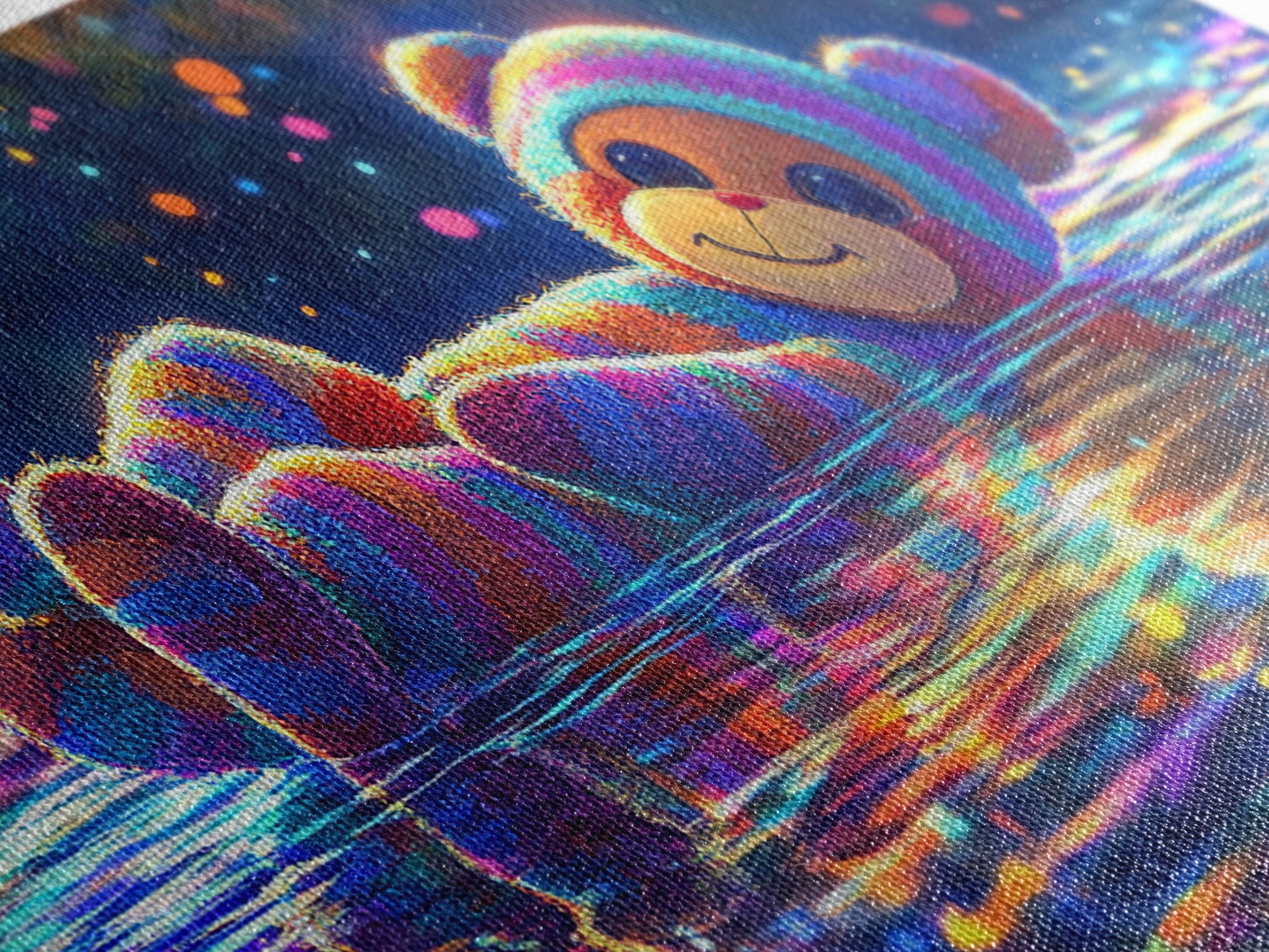 Rainbow Plush Teddy Bear On Reflective Water Wall Art, Cute Kids Room Art, Nursery Wall Art, Dopamine Decor, Baby Gift For Her