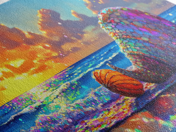 Mosaic Mermaid Tail Seashell At Ocean Sunset Canvas Print, Coastal Wall Art, Beach House Decor, Nautical Decor, Gift For Her