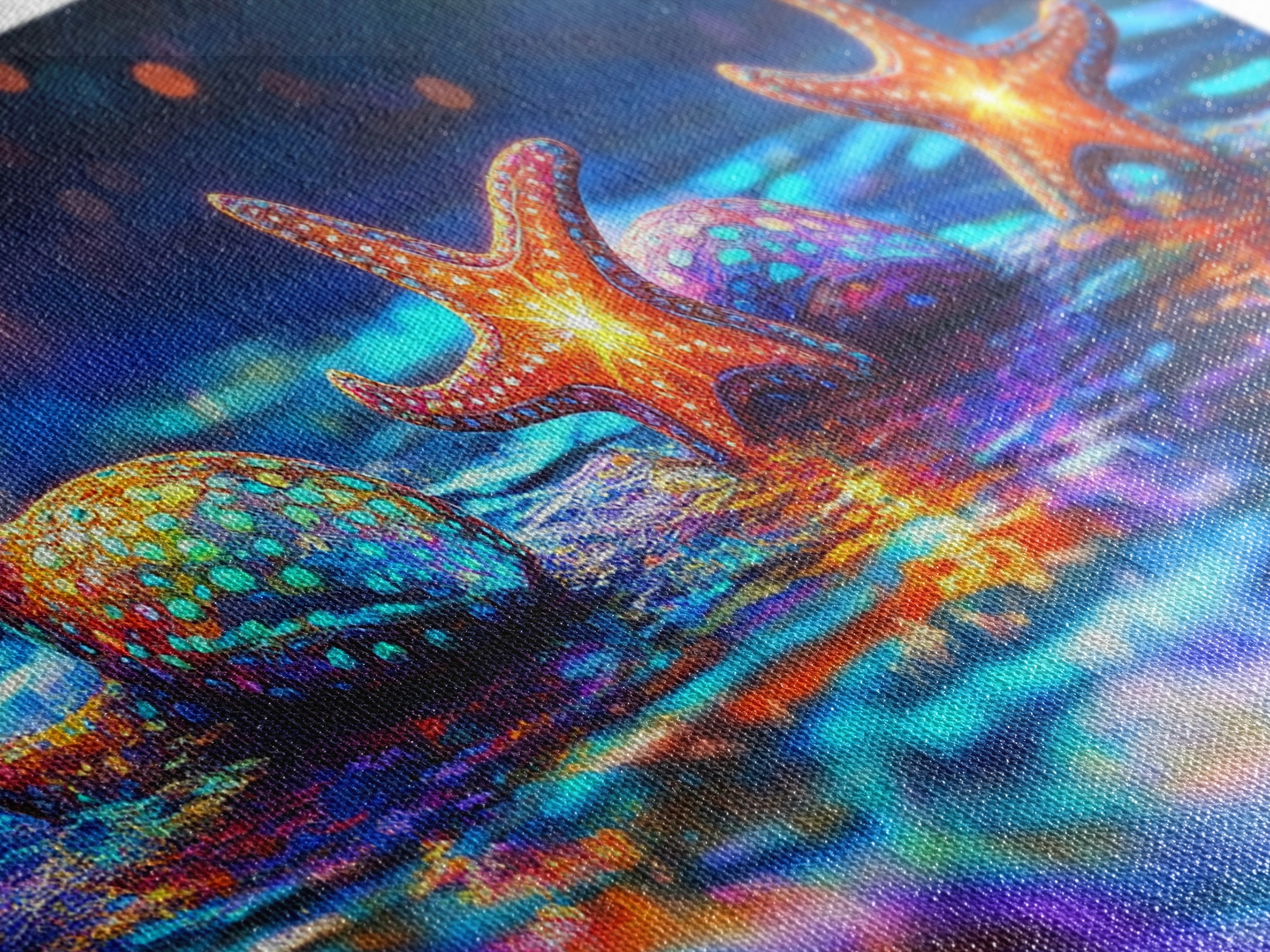 Glowing Starfish And Seashells On Neon Tide Canvas Print, Coastal Wall Art, Ocean Decor, Beach House Gift For Her, Living Room Decor