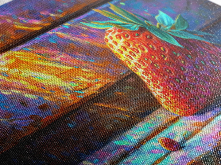 Sunlit Strawberry Still Life Canvas Print, Kitchen Wall Art, Fruit Art, Rustic Home Decor, Colorful Dining Room Print, Gift