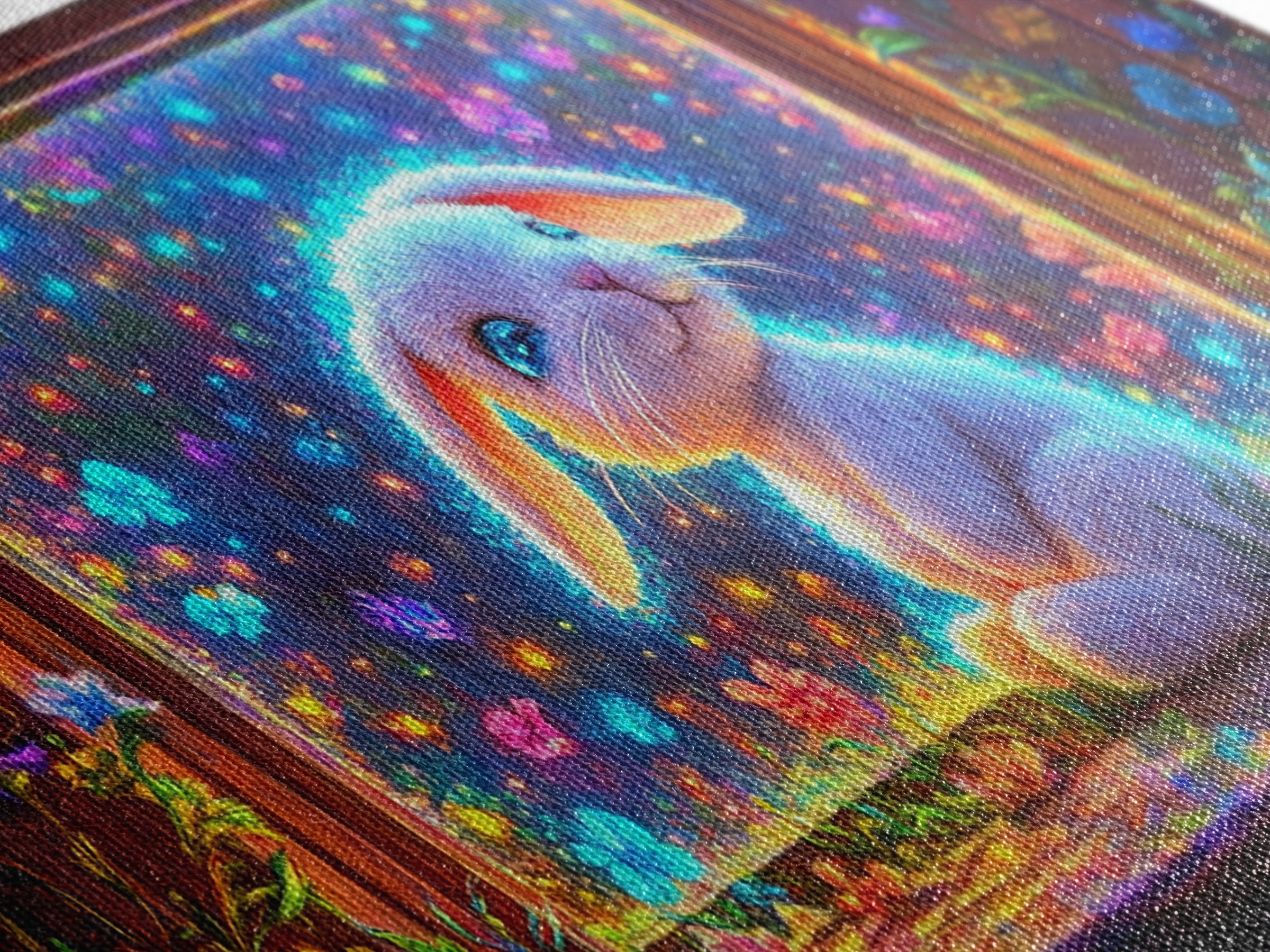Glowing Bunny In Flower Window Canvas Print, Whimsical Wall Art, Nursery Decor, Kids Room Art, Cute Animal Gift, Baby Room Decor
