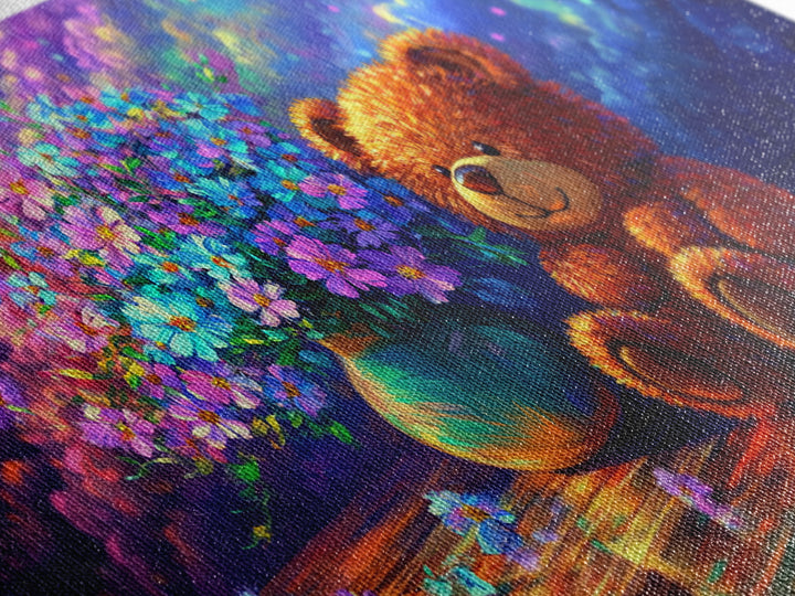 Smiling Teddy Bear With Colorful Wildflowers Canvas Print, Whimsical Nursery Wall Art, Kids Room Decor, Baby Shower Gift