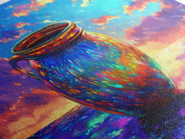 Iridescent Cauldron By Ocean Framed Canvas Print, Colorful Coastal Wall Art, Fantasy Seascape, Beach House Decor Gift Idea