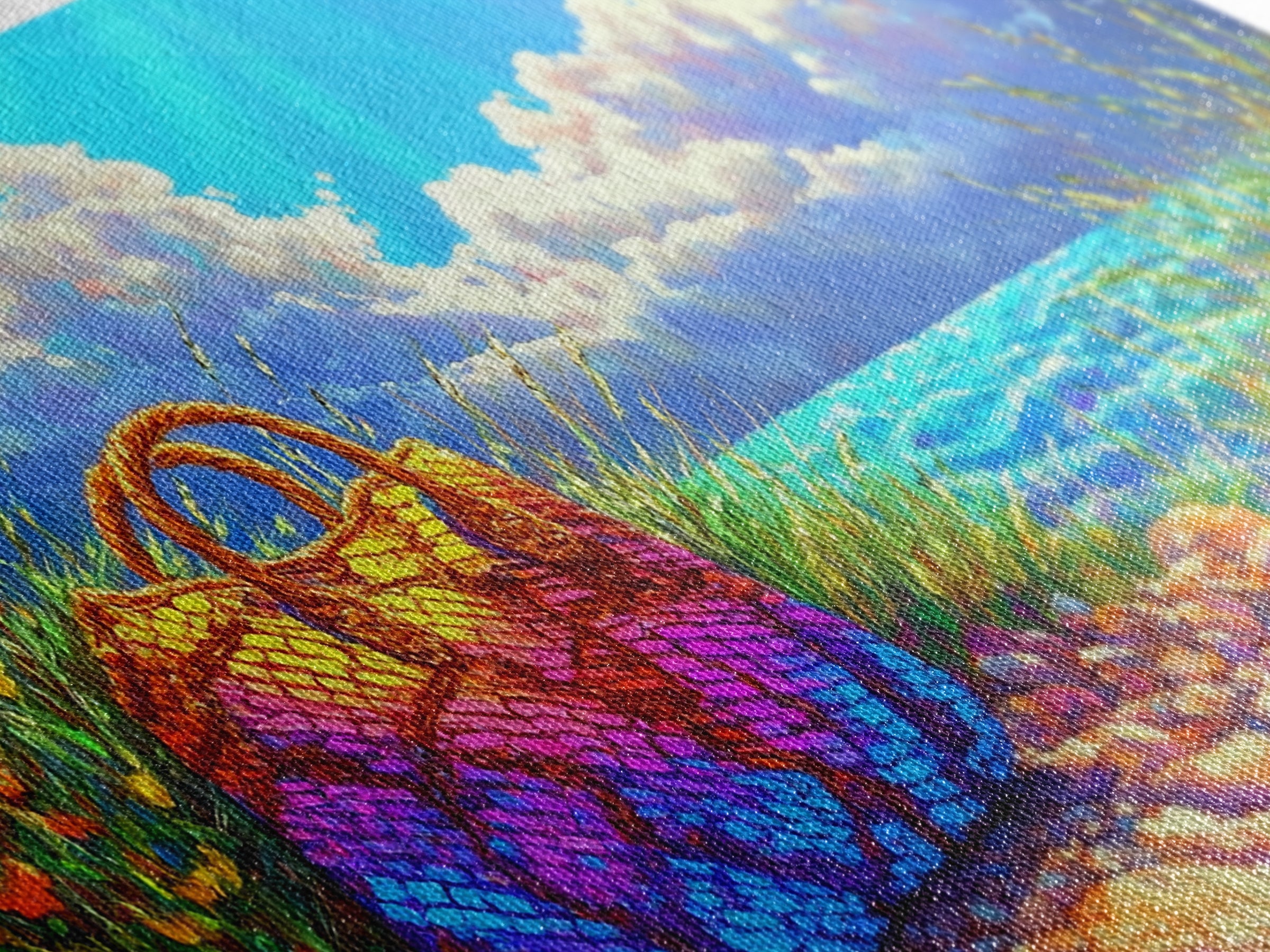 Rainbow Woven Beach Bag Wall Art, Coastal Canvas Print, Beach House Decor, Summer Ocean Art, Tropical Home Decor Gift Idea