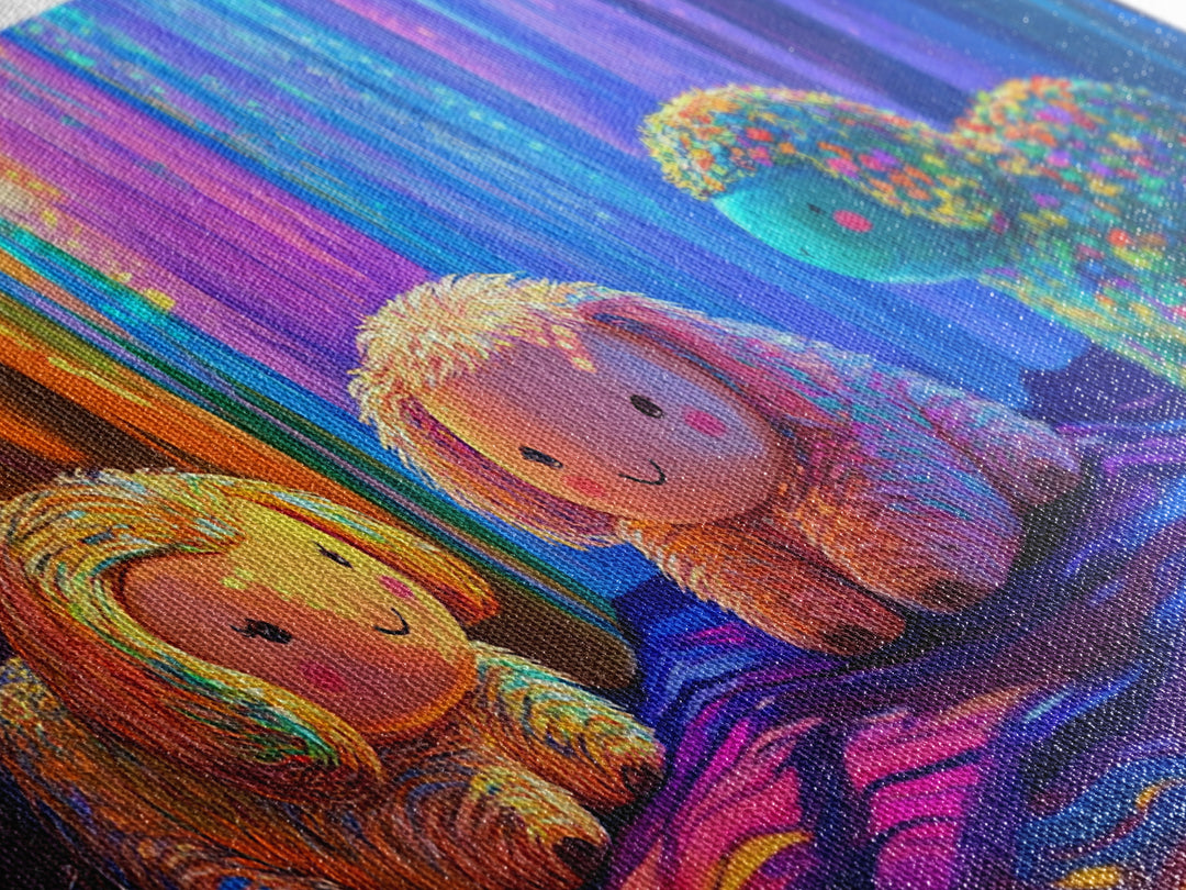 Smiling Plush Animals In Rainbow Curtain Glow Wall Art, Whimsical Animal Art, Nursery Decor, Kids Room Decor, Baby Gift, Cute Art