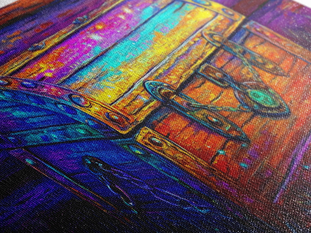 Rainbow Wooden Treasure Chest In Moonlit Grass Canvas Print, Fantasy Art, Whimsical Decor, Rustic Wall Art, Unique Gift, Home Decor