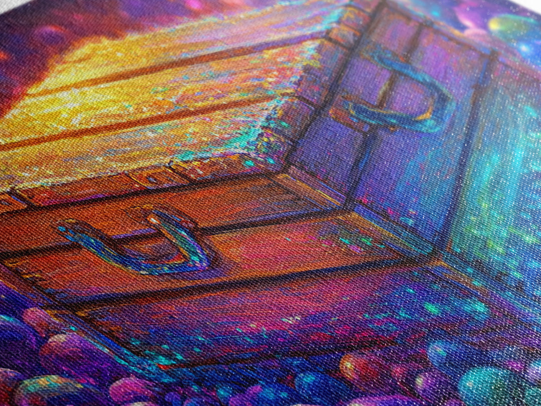 Glowing Wooden Treasure Chest Canvas Print, Whimsical Fantasy Wall Art, Colorful Rustic Home Decor, Unique Housewarming Gift