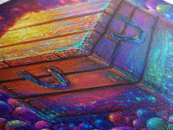 Glowing Wooden Treasure Chest Canvas Print, Whimsical Fantasy Wall Art, Colorful Rustic Home Decor, Unique Housewarming Gift