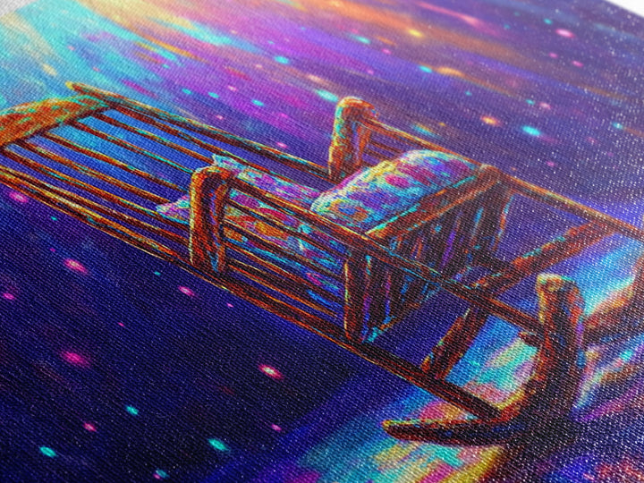 Rainbow Rocking Chair Under Spotlight Framed Canvas Print, Cozy Living Room Wall Art, Whimsical Home Decor, Housewarming Gift