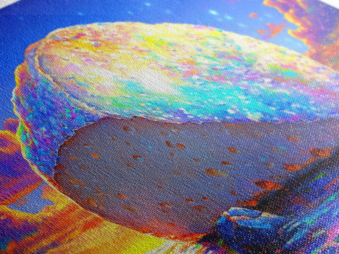 Glowing Rainbow Sea Stone At Sunset Wall Art, Colorful Coastal Canvas, Surreal Beach Decor, Ocean Landscape Living Room Print