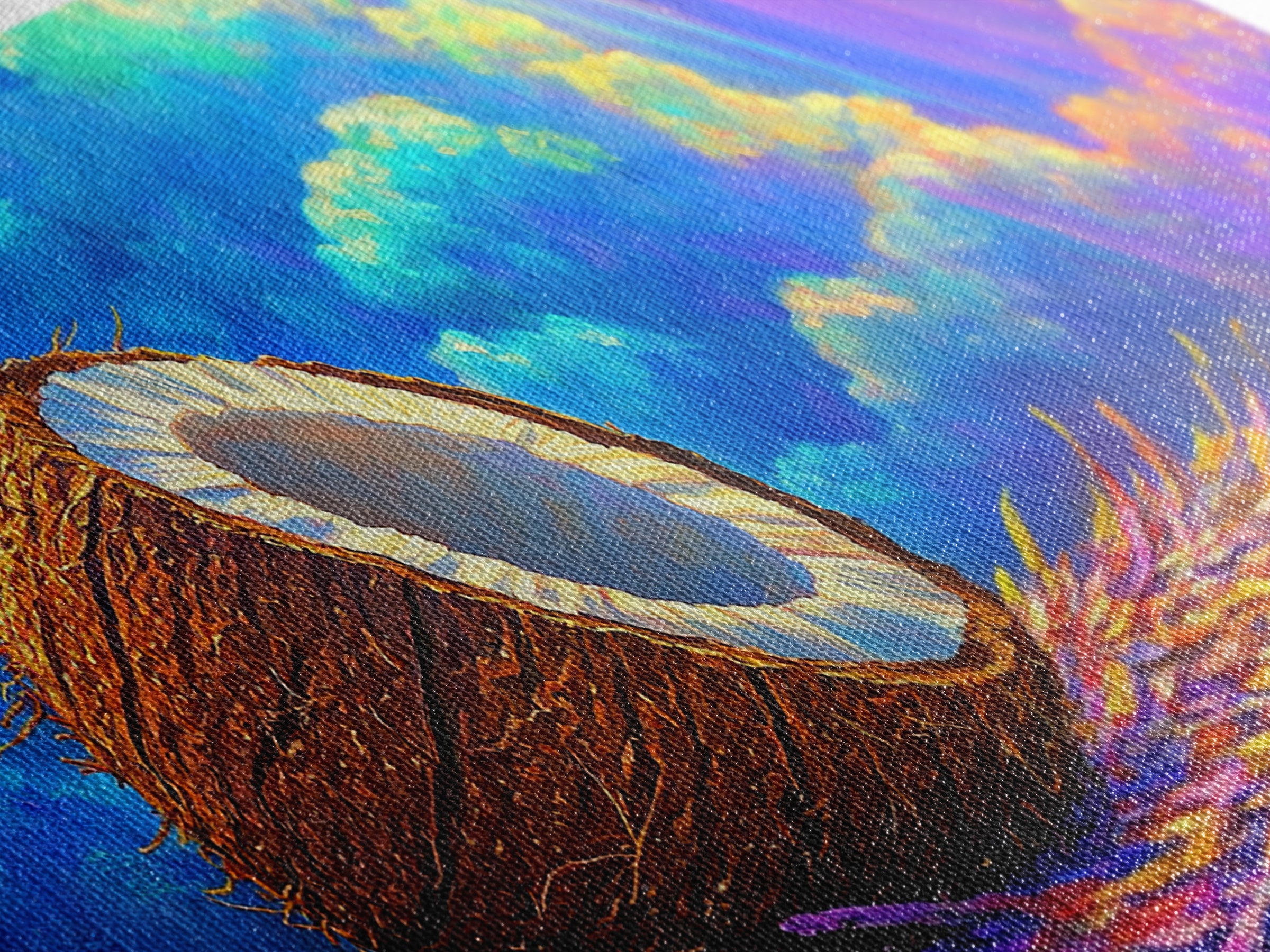 Sunlit Coconut On Tropical Straw Canvas Print, Beach House Wall Art, Coastal Decor, Vibrant Ocean Wall Decor Gift For Summer Home Decor