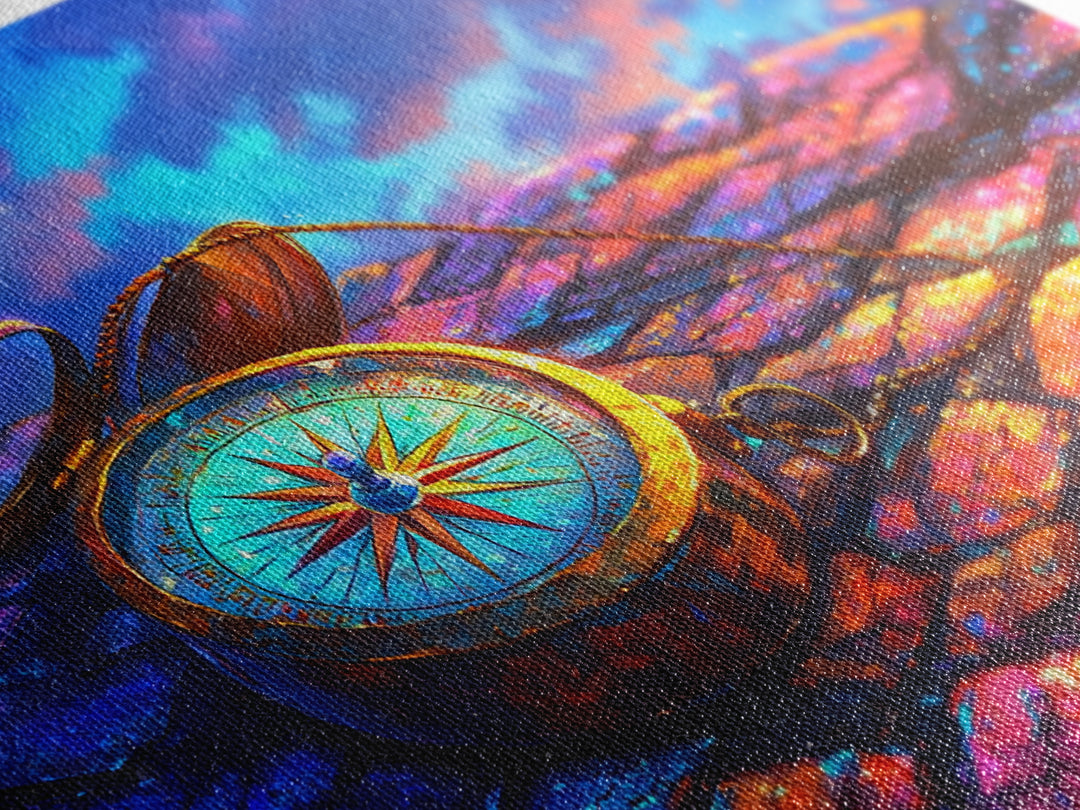 Antique Compass On Rainbow Cobblestones Canvas Print, Travel Wall Art, Wanderlust Decor, Nautical Office Decor Gift For Him