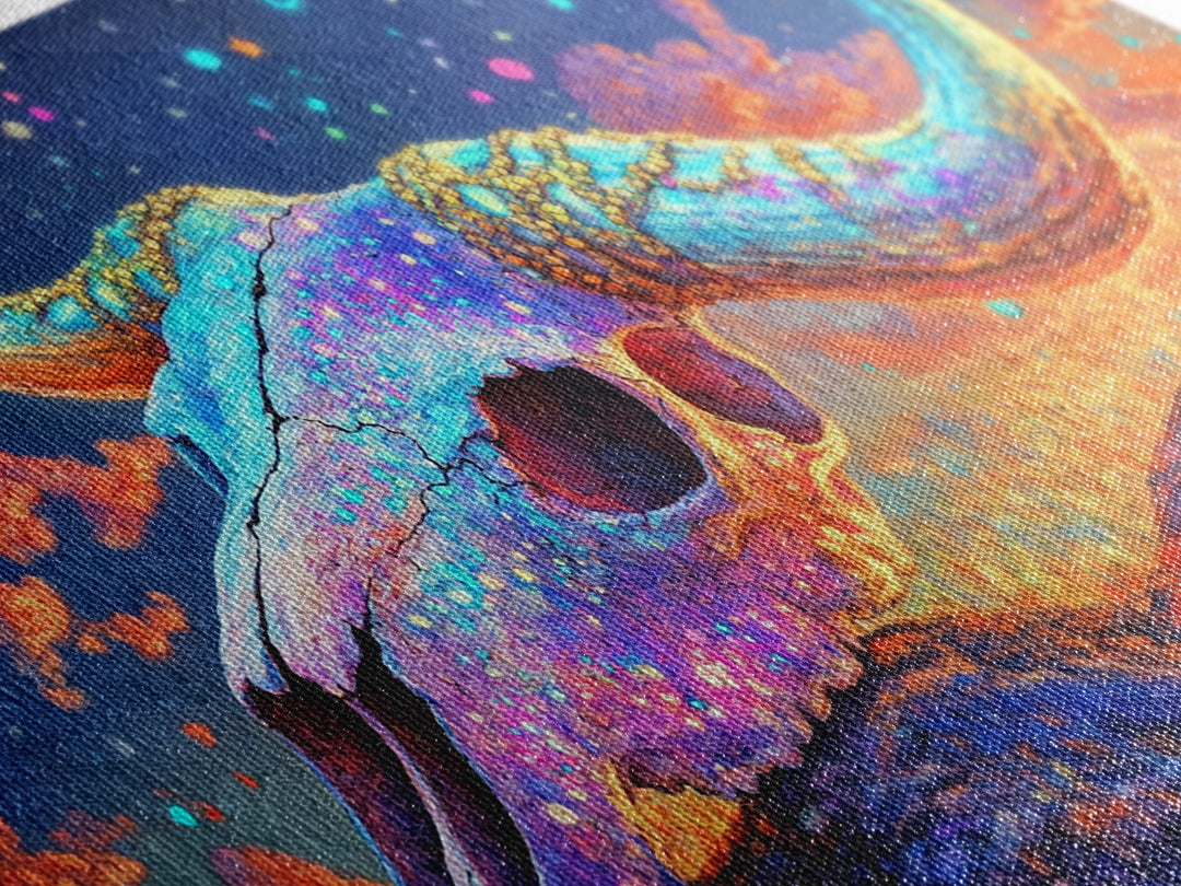 Iridescent Longhorn Skull Desert Sunset Wall Art, Western Decor, Cow Skull Canvas Print, Southwestern Home Decor Gift For Him
